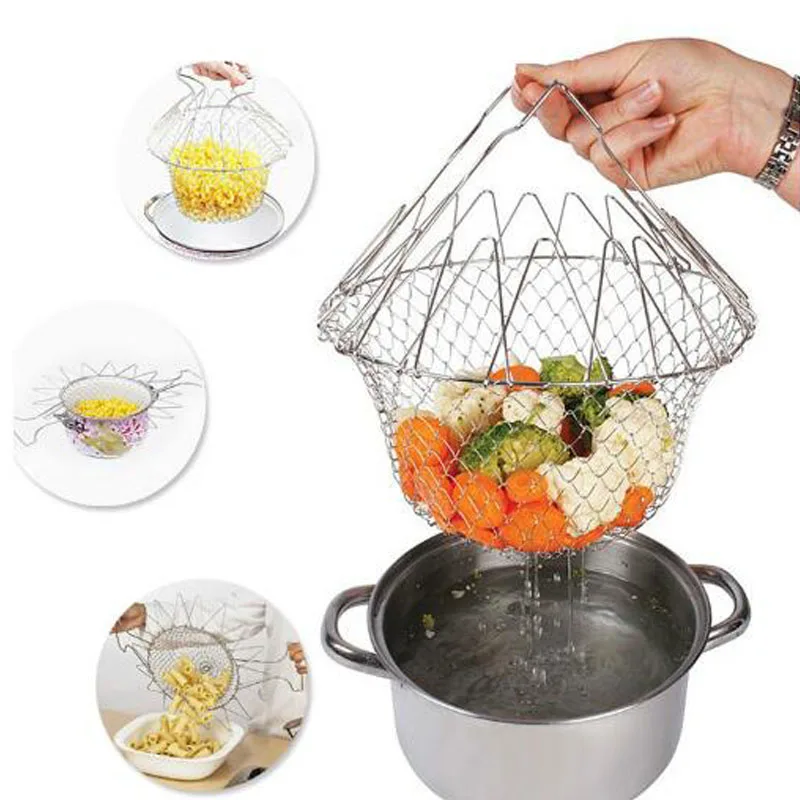 

Kitchen Wash Basket Colander Net folding Stainless Steel Stretchable Chef Basket Strainer Container Vegetables Hold Fruit Filter