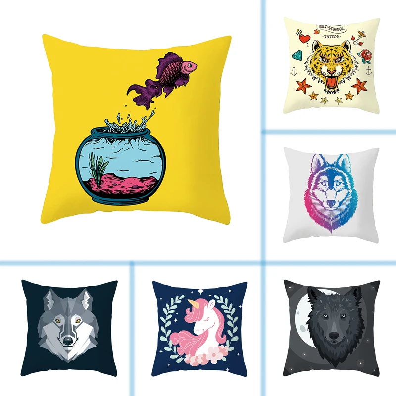 

mling 1pcs 45x45cm Cartoon Wolf Geometric Pillow Peach Skin Sofa Cushion Waist Pillow Cover Decorative Cushion Cover