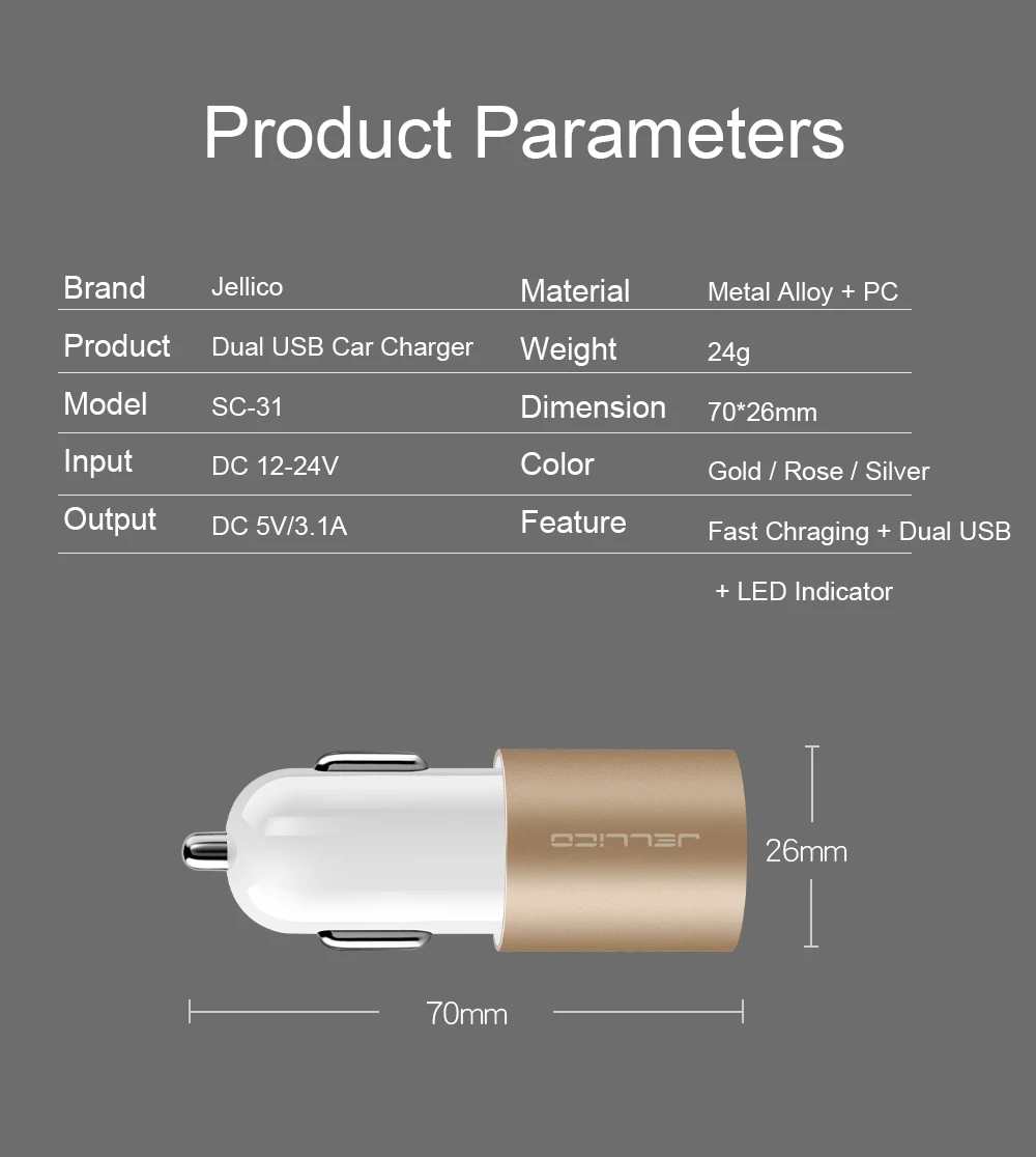 Jellico USB Автомобильное зарядное устройство 5 В 2.1A Металл двойной USB алюминиевый сплав автомобильное зарядное устройство Быстрая зарядка зарядное устройство для телефона для iPhone samsung Xiaomi