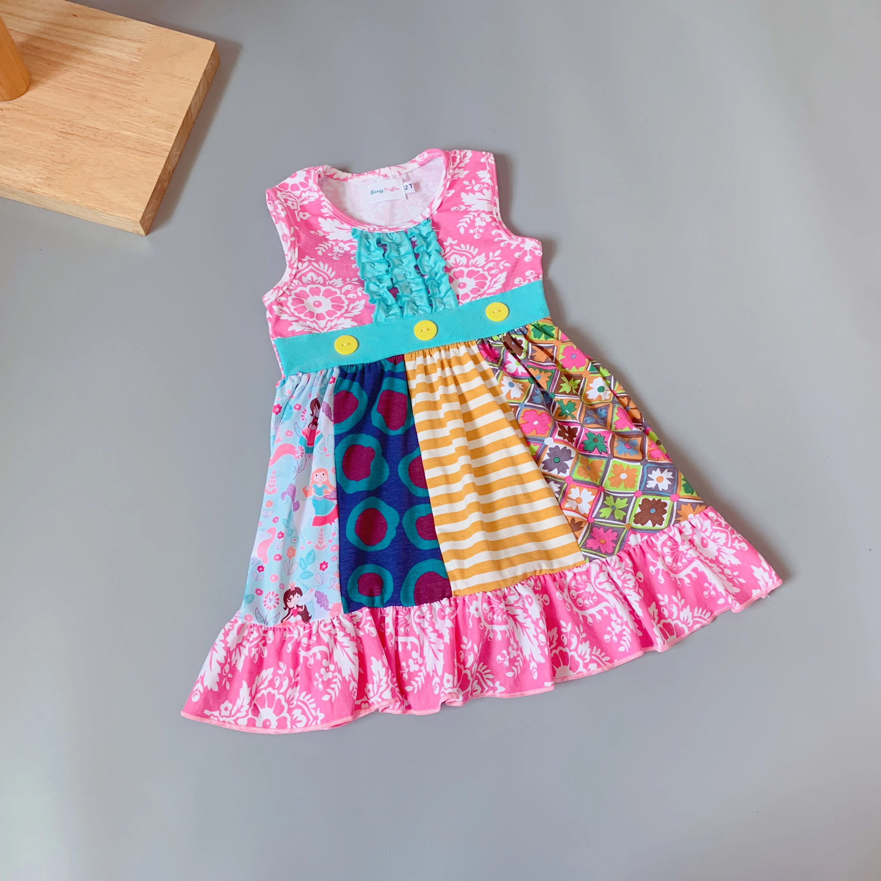 

Baby girl summer pink floral tops with blue placket multi pattern lovely dress Colorful tank dresses with yellow button