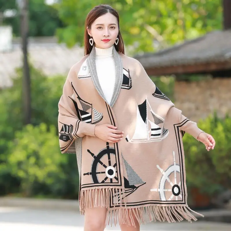 

2019 autumn and winter tassels with sleeves large shawl thick warm loose large size cardigan knitted women's jacket