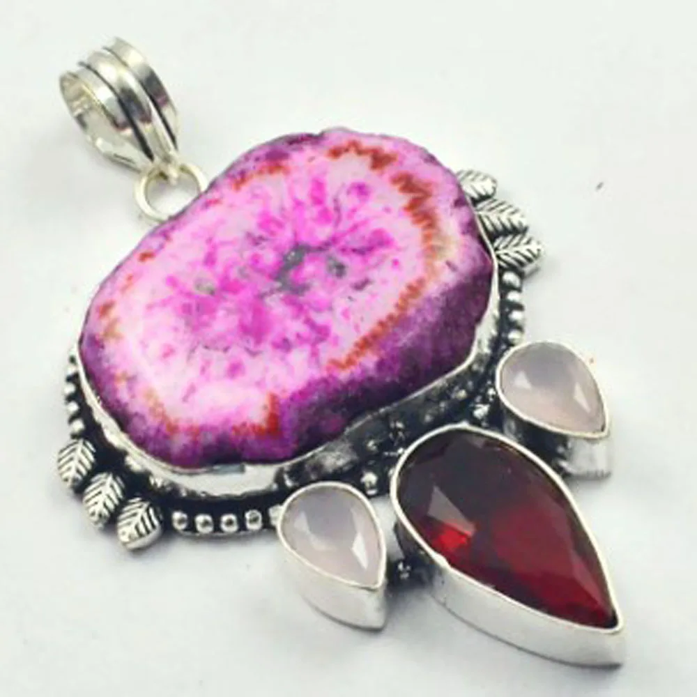 

Solar Quarts & Garnets & Rose Quarts Pendant Silver Overlay over Copper , 67 mm, P4427