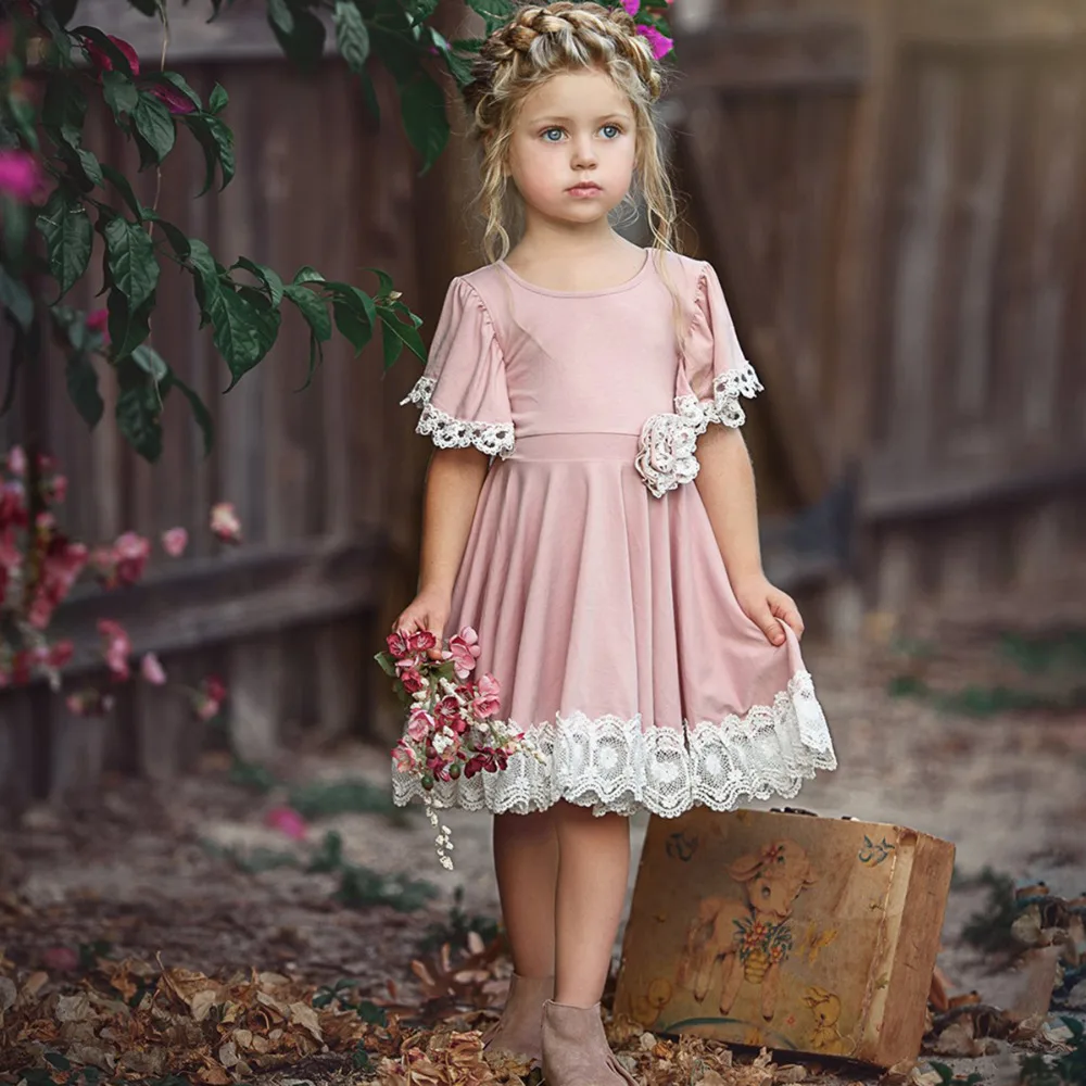 

Kids Baby Girls Dresses Lace Floral Party Dress Sleeve Solid Dress Summer