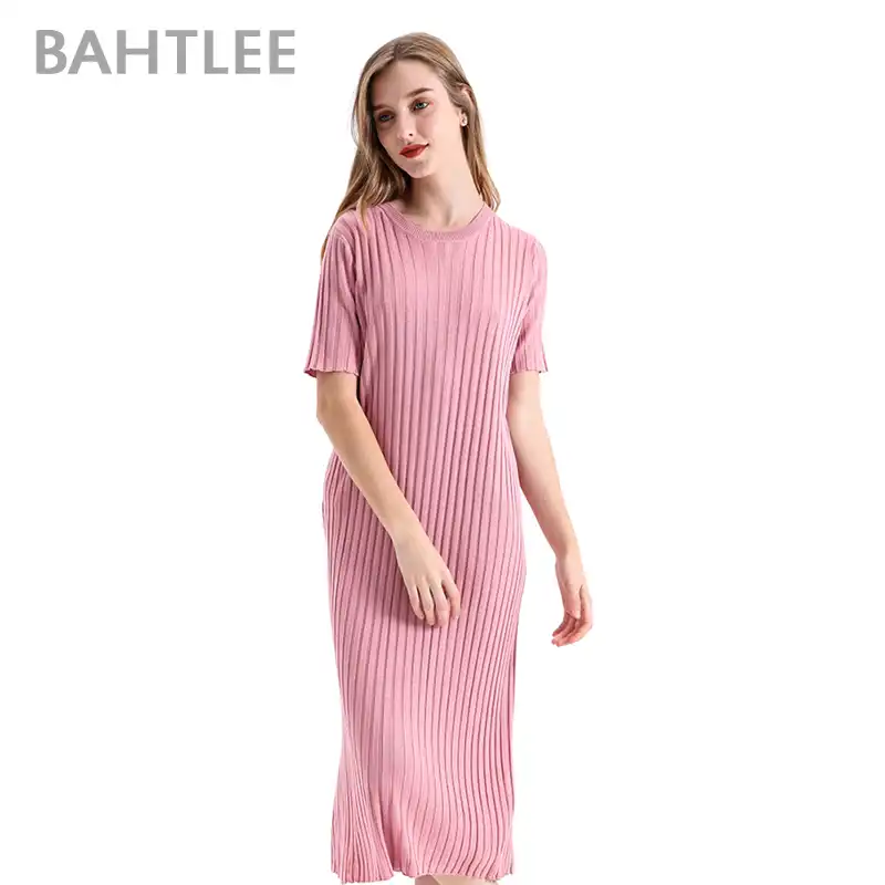 Bahtlee ゆるいカジュアルなニットシースドレスレディースソリッド O ネック半袖ボディコンロングドレス Morandi ワンピースドレス ドレス Aliexpress
