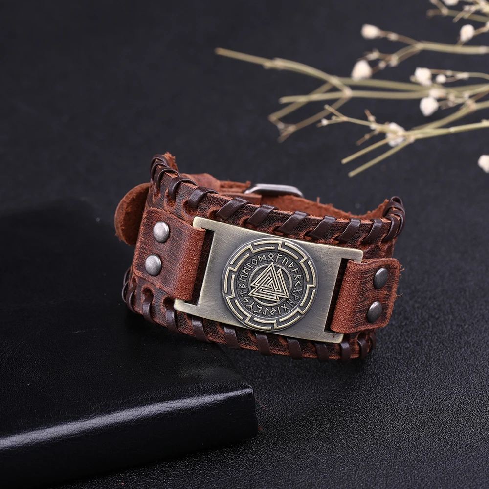 Skyrim Viking Valknut кожаный браслет для мужчин символ Одина панк ретро амулет Руны Скандинавские манжеты жесткий браслет ювелирные изделия