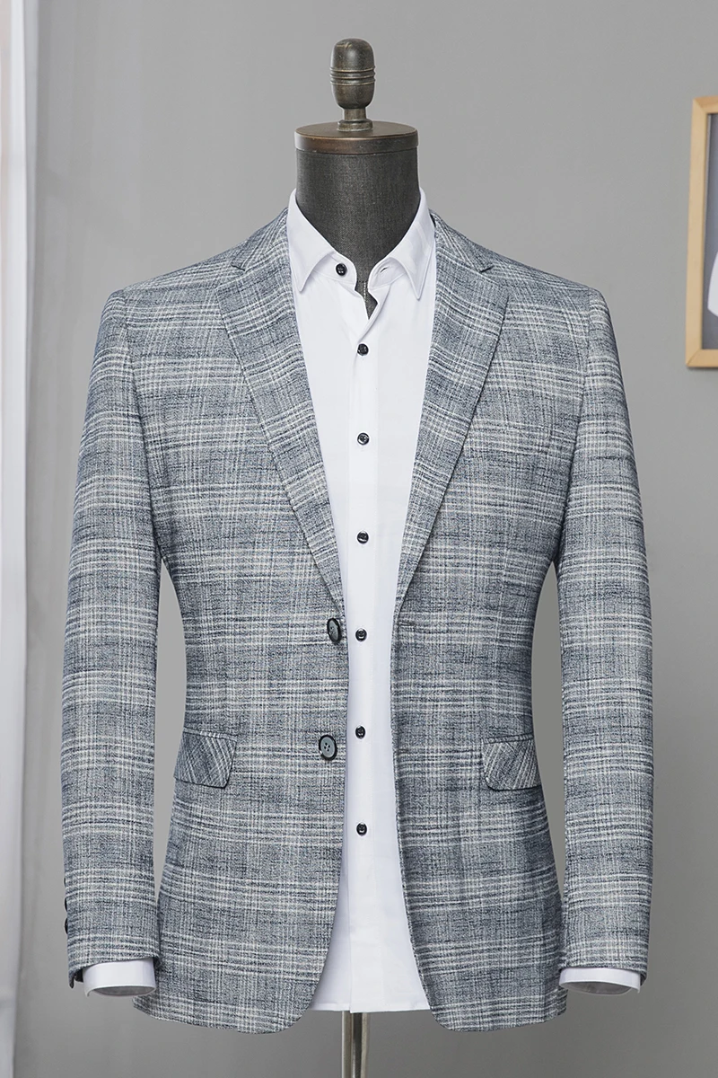 Male Suite Spring Classic Brand Blazer Men Single Button Casual Print Slim Fit Business Suit Jacket Grey Plus-size M-3XL - Цвет: 7815
