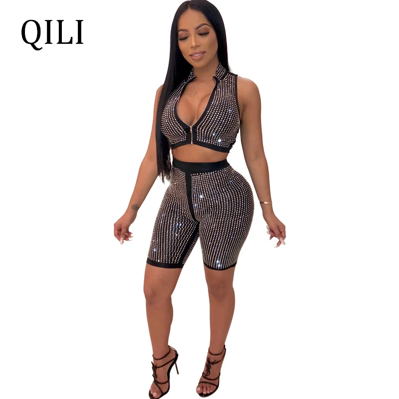 

QILI Diamonds Rhinestone Women Rompers Two Piece Set Short Pants Sets Romper Womens Sleeveless Zipper Diamond Jumpsuit New