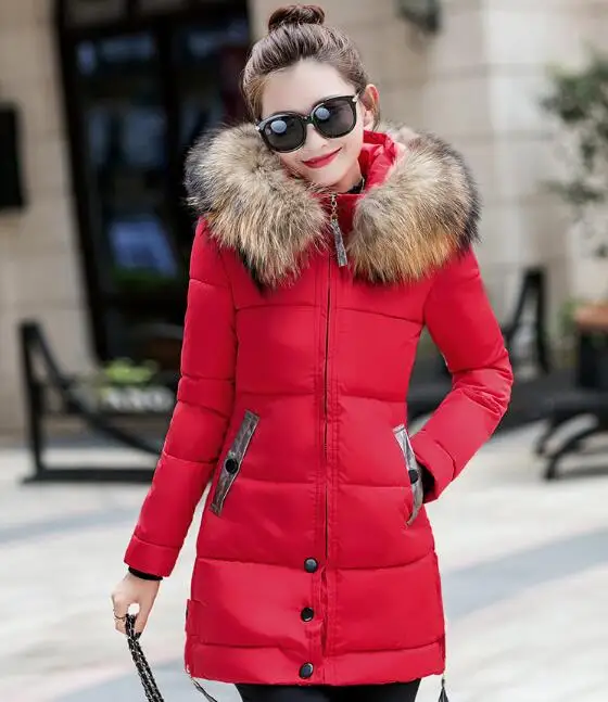 TYJTJY, зимняя женская куртка,, новая мода, уплотненный теплый зимний пуховик, Женская парка, длинное пальто, тонкие меховые шубы с капюшоном - Цвет: red