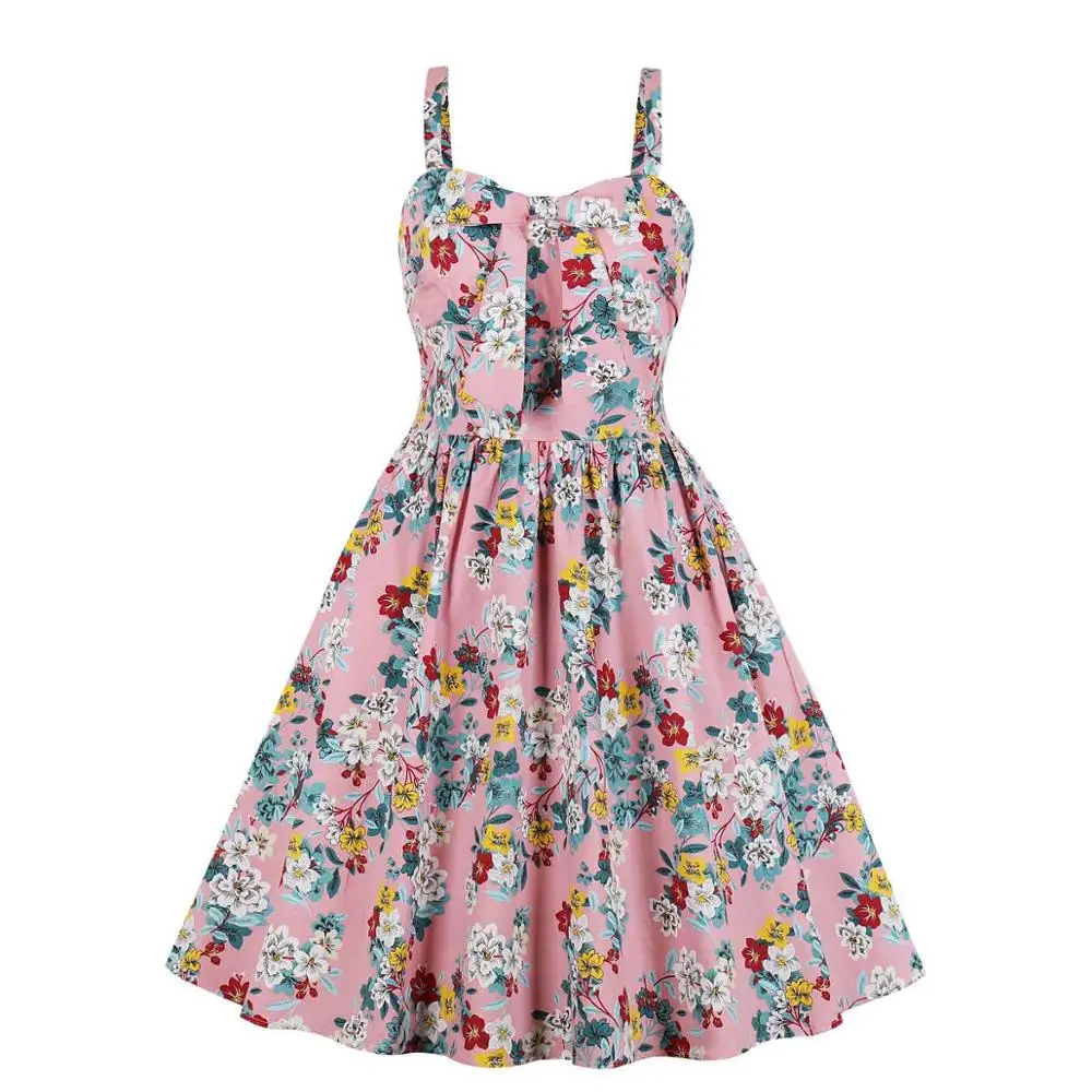 

Women Wide Strap Floral Print Dress Big Bow Pink Dress Woman 1950s Retro Swing Vintage Dress with Pocket Lady Party Casual Dress
