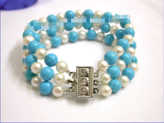 

FREE shipping>>>> 3row round turquoise withe FW pearls bracelet bangle