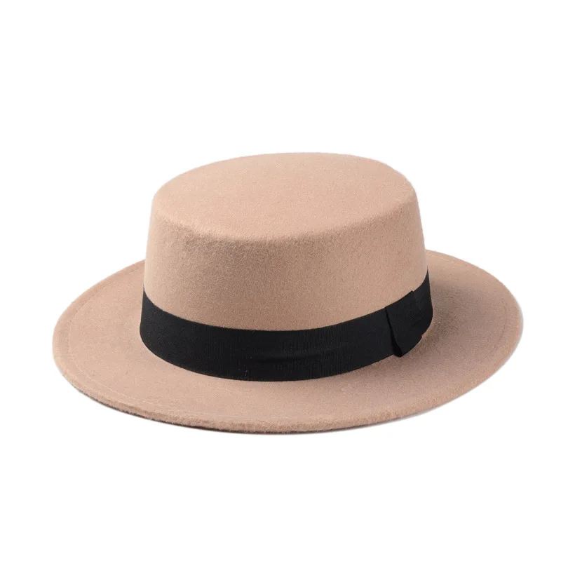 LUCKYLIANJI Vintage Retro Lady Men Women Elegant Wool Felt Flat Dome Oval Top Bowler Porkpie Pork Pie Hat(One Size: 57cm 7 1/8 - Цвет: Camel