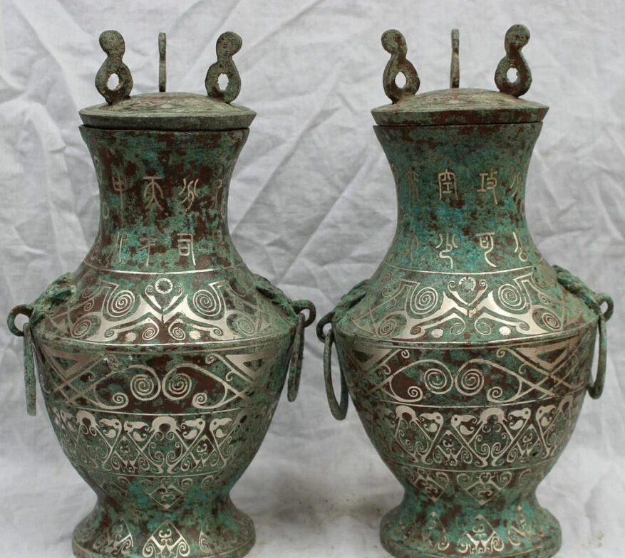 

fast shipping USPS to USA S1582 14" Chinese Folk Culture Old Bronze Silver Lion Statue Dynasty Vase Jar Pot Pair
