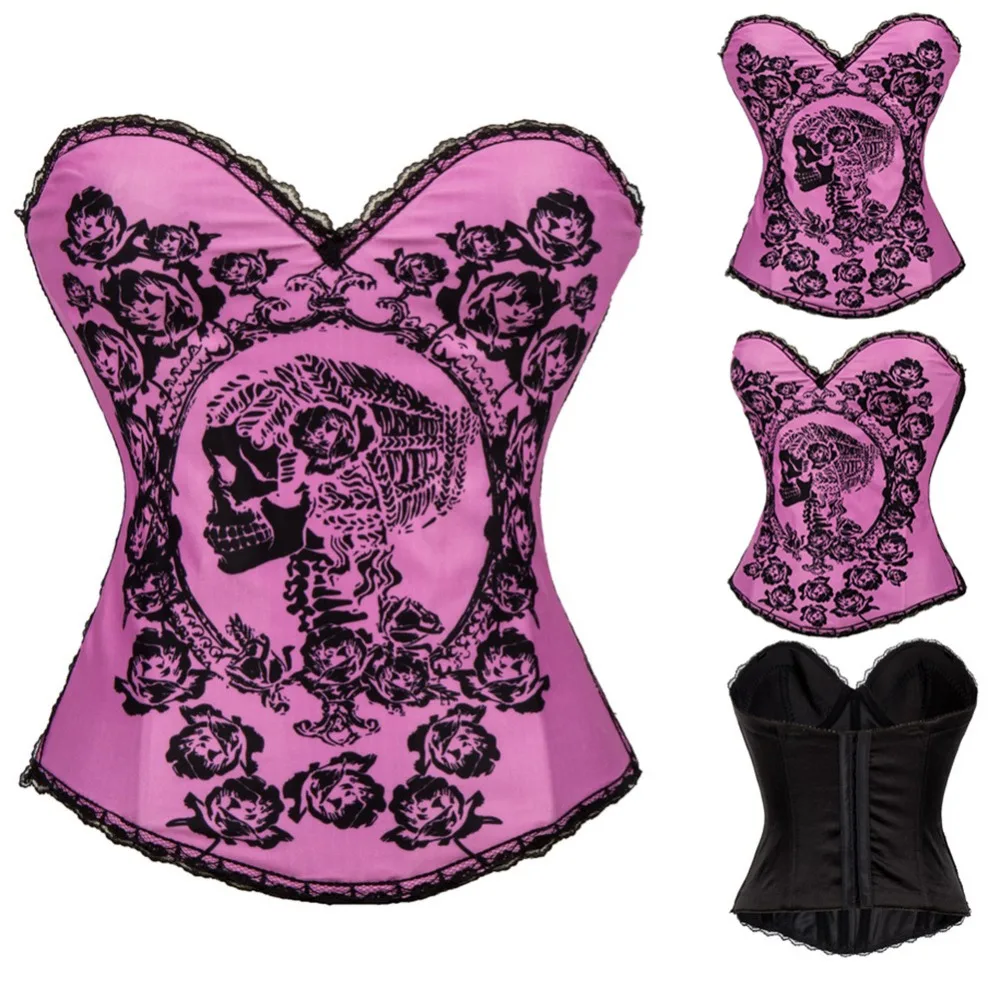 Abbille Hot Pink Floral Skull Printed Women Pink Corset Bustier Tops