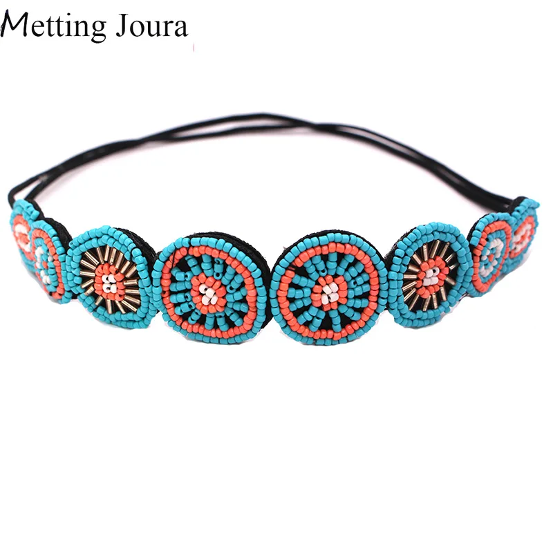 

Metting Joura Vintage Bohemian Ethnic Turquoise Beads Knitted Headband Party Handmade Elastic Braided Hair Band Hair Accessory