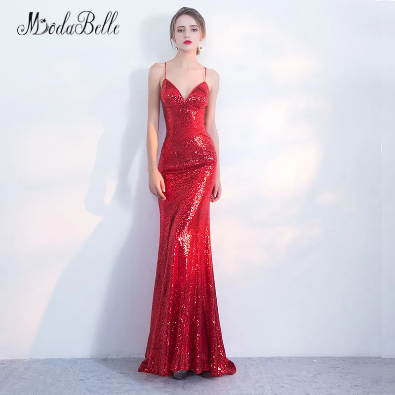 modabelle Simple Long Mermaid Red Prom Dress Backless Sexy Criss Cross Straps Glitter Sequin Evening Formal 2018 | Свадьбы и
