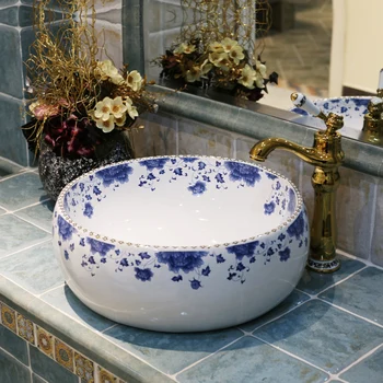 

Blue And White Europe Vintage Style Lavobo Ceramic Washing Basin Counter top Bathroom Sink hand painted vessel sinks