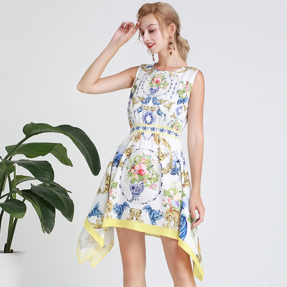 

Red RoosaRosee Fashion Runway Women Boho Dress Flower Print Sleeveless Elegant Holiday Asymmetrical Dresses Vestidos Robe Femme