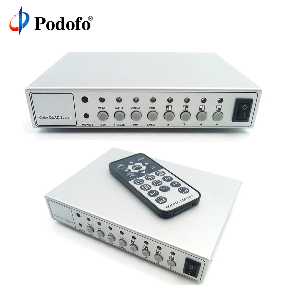 

Podofo Metal Shell HD Color Video Quad Splitter CCTV Video Camera Processor System Kit Switcher, Remote Control 6 BNC Adapter