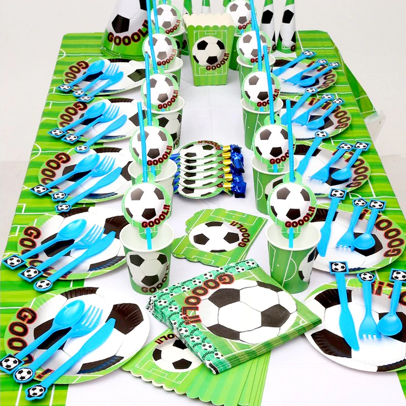 

162pcs/lot Baby Shower Party Plates Cups Decorate Table Cover Football/Soccer Theme Straws Birthday Invitation Cards Napkins