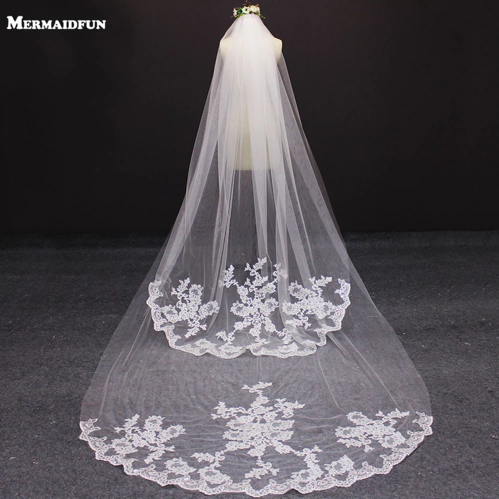 

2019 New Arrival 3 Meters Two Layers Lace Appliques Cut Edge White Ivory Wedding Veil Long 3 M Bridal Veil for Wedding
