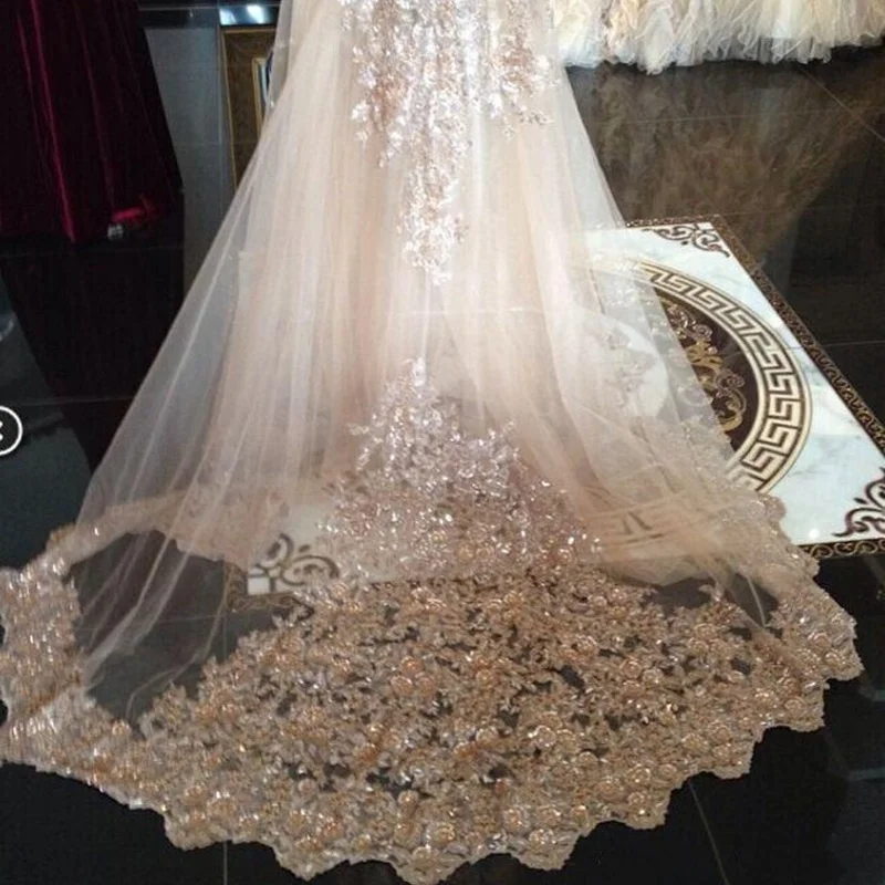 

Luxury Cathedral Length Wedding Veil One Layer Sequins Lace Applique Bridal Accessories In Stock