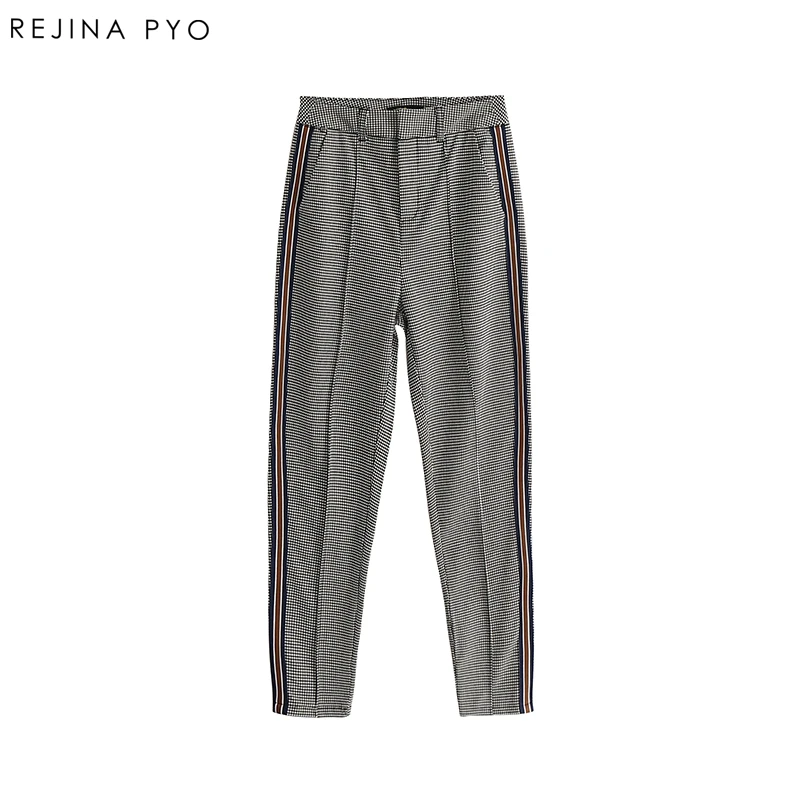 

BIAORUINA Women Casual Swallow Gird Plaid Patchwork Side Striped Pant Female Fashion High Waist Ankle-Length Active Wear Trouser