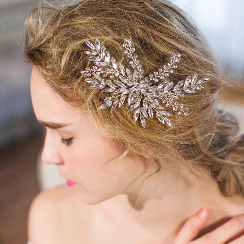 Прозрачный кристалл, свадебный гребень для волос с серебряными листьями, свадебные аксессуары для волос ручной работы, свадебные украшения для волос, женские вечерние головные уборы