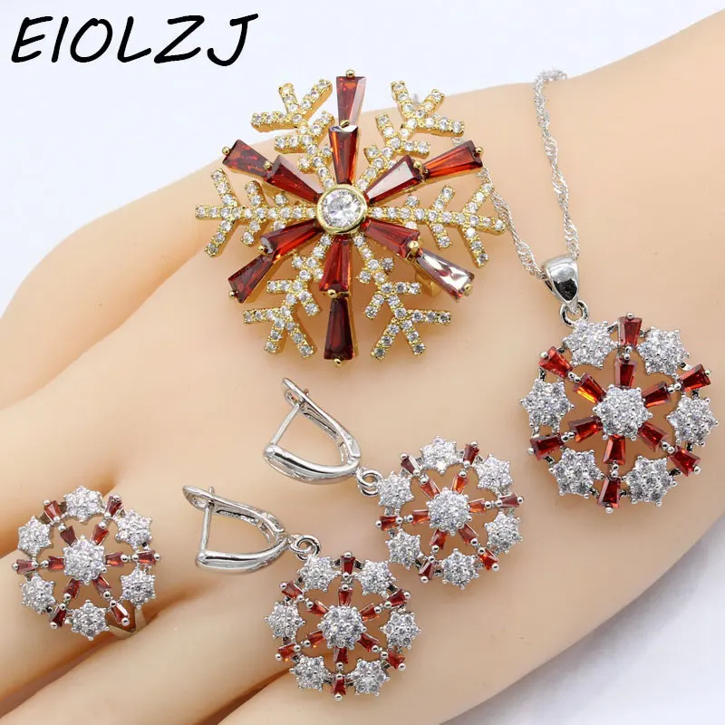

925 Silver Jewelry Sets For Women Snowflake Pomegranate Red Crystal Earring Sets Pendant Rings Drop Earrings Gold Color Brooch