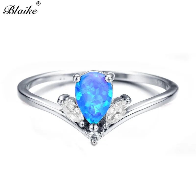 Blaike Charming Water Drop Purple/White/Blue Fire Opal Rings for Women 925 Sterling Silver Filled Birthstone Crystal Zircon Ring