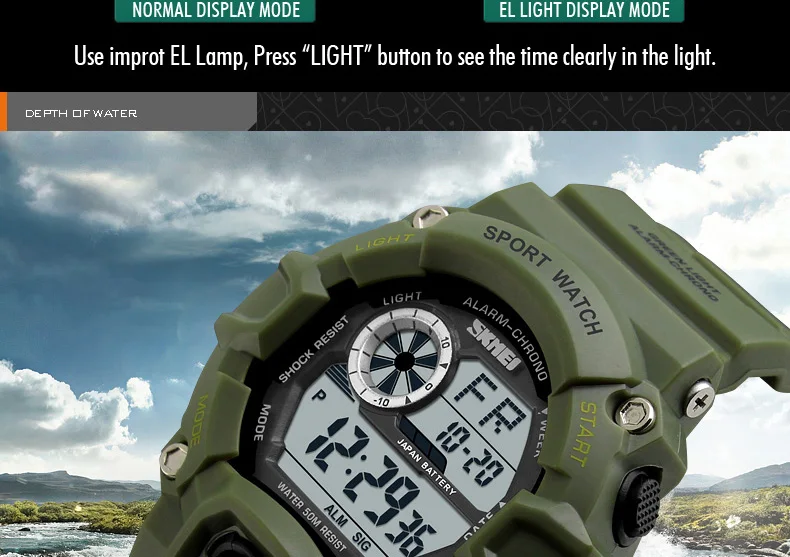 SKMEI Военные спортивные часы мужские Алар M 50 м Водонепроницаемый часы светодиодной подсветкой шок цифровые наручные часы Relogio masculino 1019