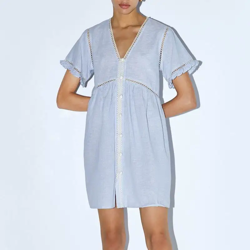 

Women Dress Summer 2019 New Arrivals Striped Pattern V-Neck Lace Edge Patchwork Lady Casual Wears Vestidos Above Knee Dresses