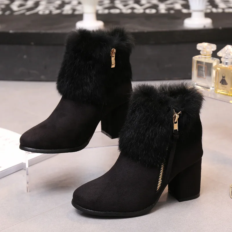 Rabbit Fur Winter Style Female Korean Matte Leather Black Chunky High Heeled Booties Womens Snow Boots