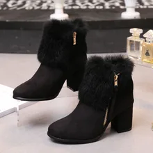 Rabbit Fur Winter Style Female Korean Matte Leather Black Chunky High Heeled Booties Womens Snow Boots