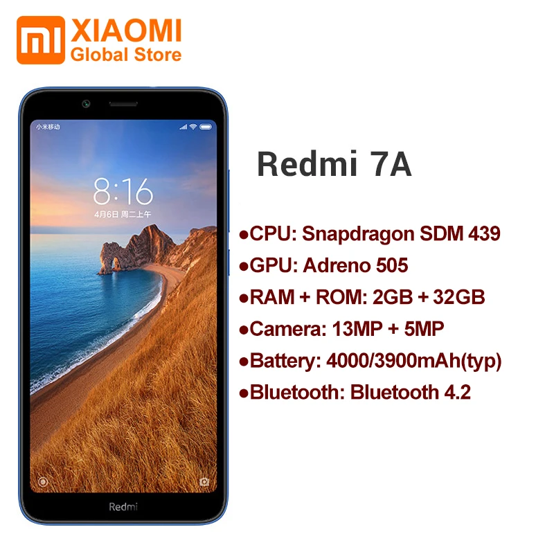 Смартфон Xiaomi Redmi 7A 7 A, 2 Гб, 32 ГБ, Емкостью 4000 мА/ч, долгий срок службы батареи, разблокировка лица AI, Восьмиядерный телефон 5,45 дюйма, глобальная версия