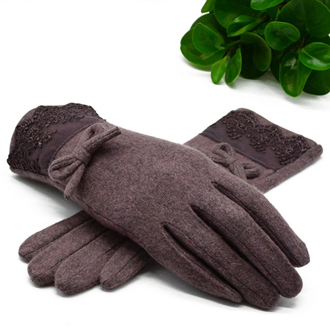 Fashion Wool Cashmere Gloves Women Winter Bow Decorations Lace Full