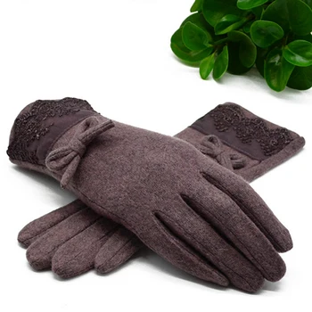 

Fashion Wool Cashmere Gloves Women Winter Bow Decorations Lace Full Finger Gloves Wrist Length Mittens Female Women's Gloves