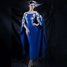 Königsblau Boot-ausschnitt Lange Arabeske Abendkleid 2017 Stretch Satin Weg Von der Schulter Weißen Mermaid Formale Abendkleider kleid