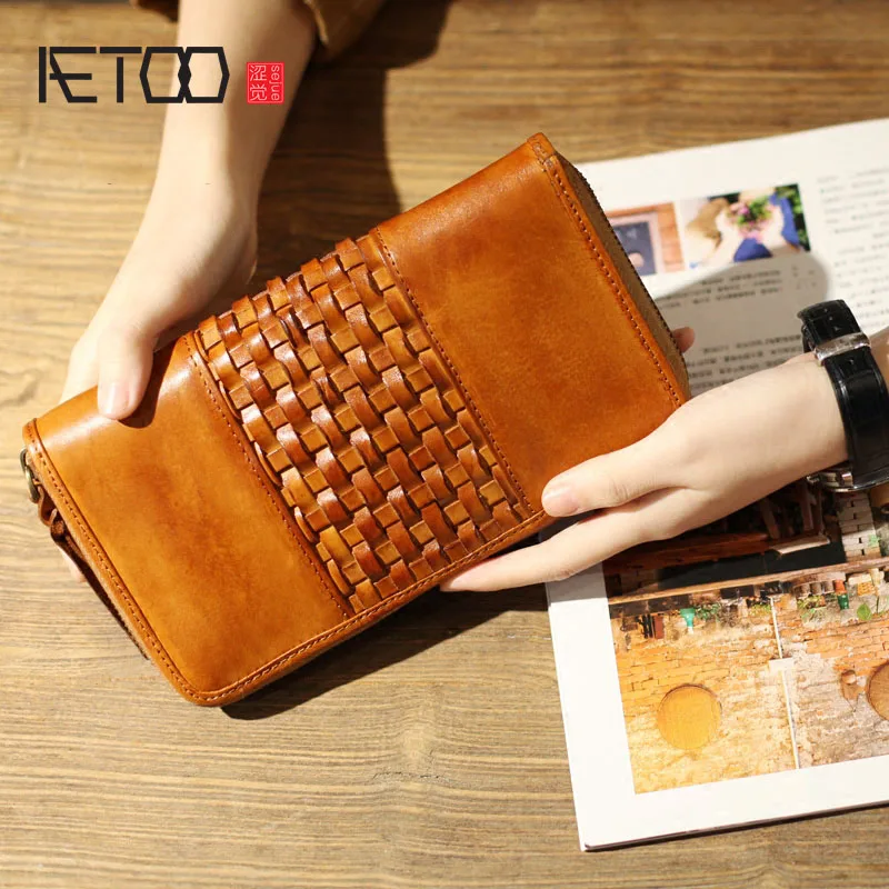 

AETOO Leather retro wallet long tide men 's money chucks hand layer of handmade leather large - capacity zipper Vintage wallet