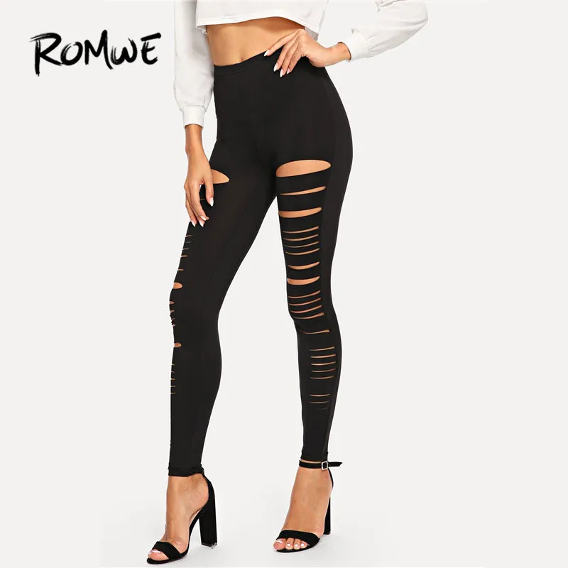 

ROMWE Ripped Solid High Waist Leggings Women Spring Summer Stretchy Black Leggings Slim Fit Ladies Sexy Seamless Leggings