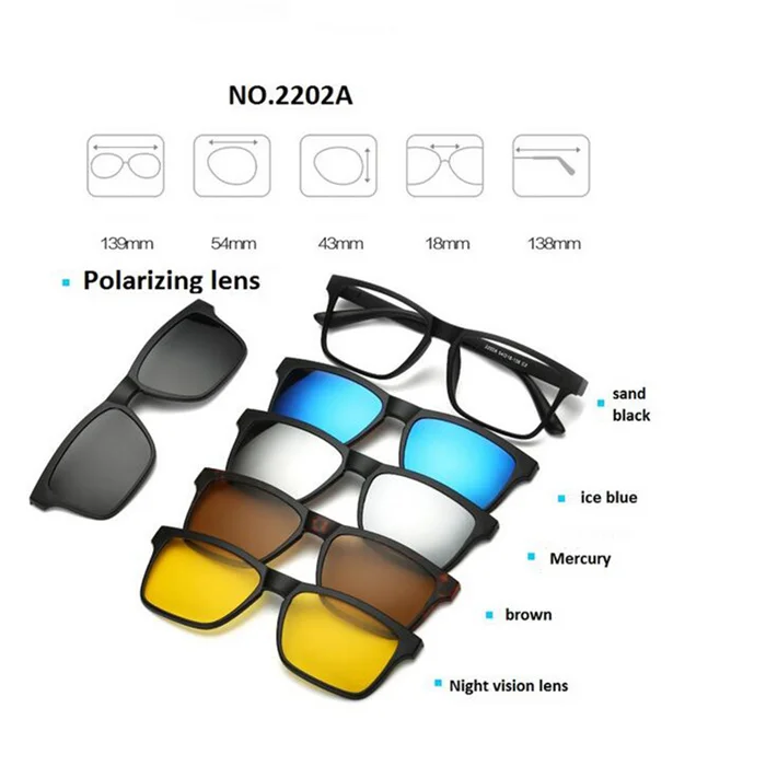 Ретро 5+ 1 поляризованные очки с зажимом для близорукости, оправа для очков для мужчин и женщин, набор из пяти магнитов, зеркало 0-1-1,5-2-2,5-3-3,5-4,0 - Цвет линз: 2202