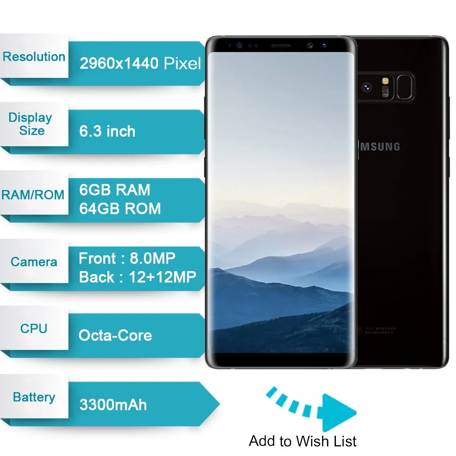  Original Samsung Galaxy Note 8 6.3 inch Octa Core 6GB RAM 64GB ROM Dual Back Camera 12MP 3300mAh Un