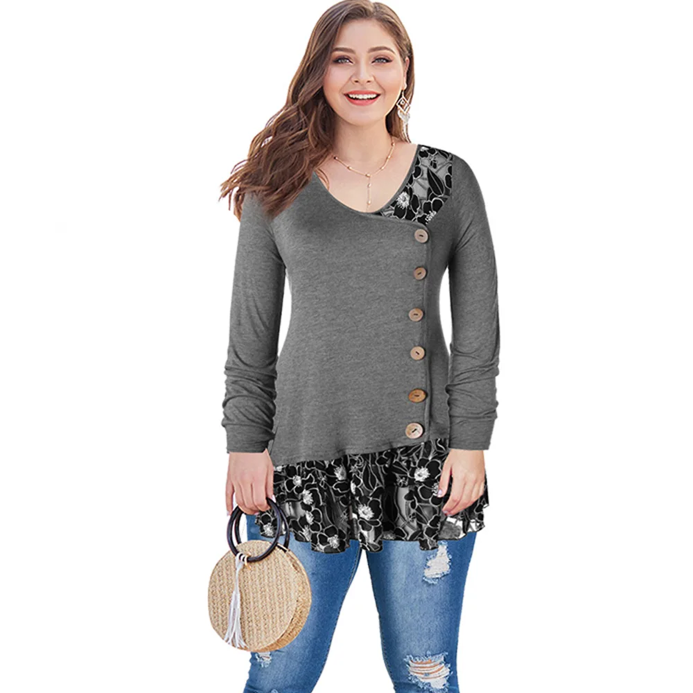 

Wipalo Long Sleeve Women T Shirt Plus Size Draped Floral Button Tunic T-Shirt Autumn Spring O Neck Female Casual Tops XL-5XL
