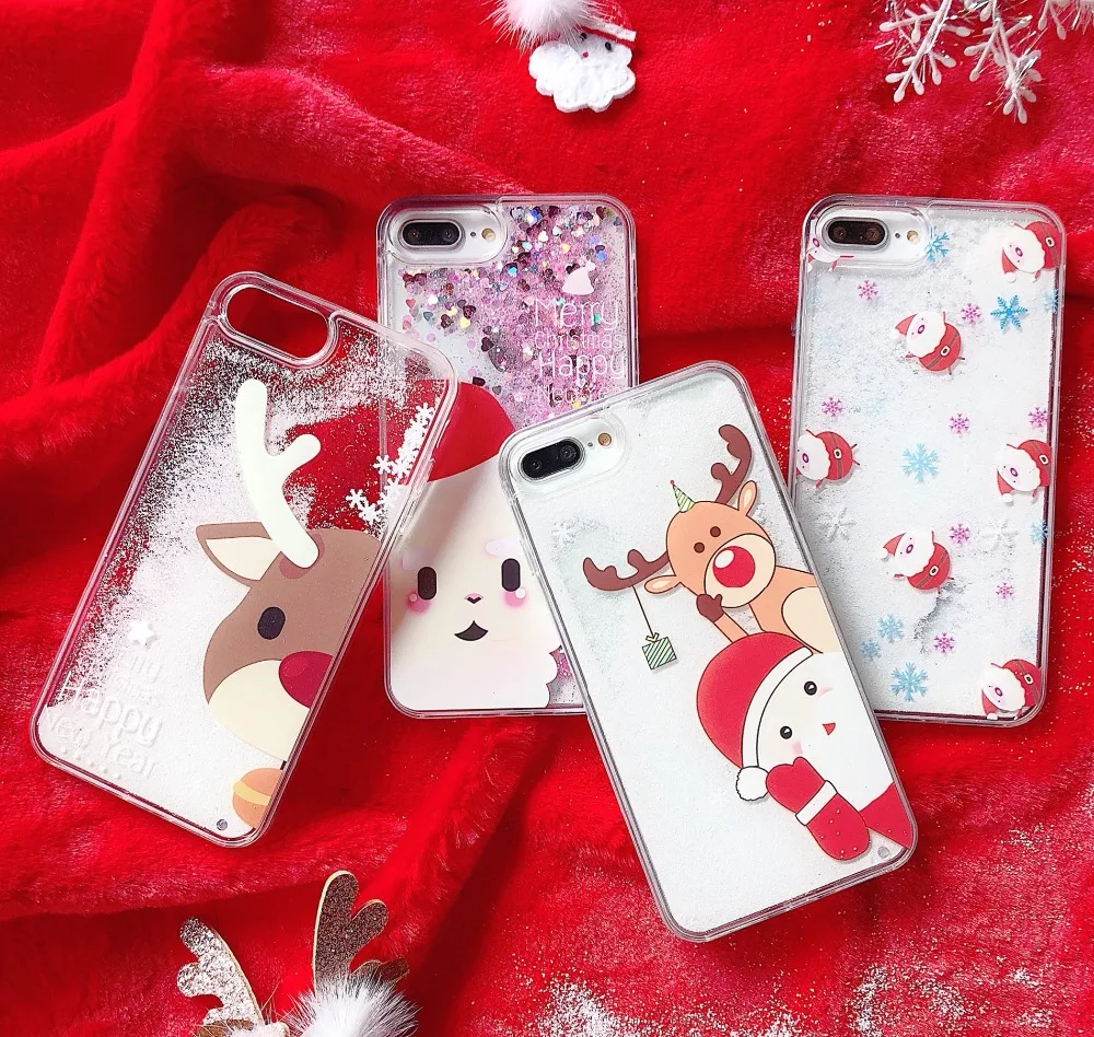 

QJW Case For iPhone XS Max XR X 7 8 6 6S Plus Christmas New Year Santa Claus Deer Quicksand Soft Cute Phone Back Cover Case Gift
