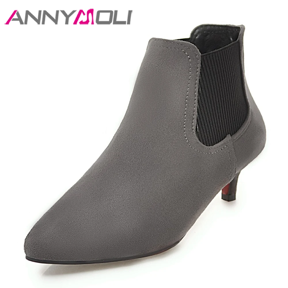 

ANNYMOLI Women Ankle Boots Mid High Heels Short Boots New Winter Pointed Toe Spike Heels Autumn Shoes Slip On Green Plus Size 12