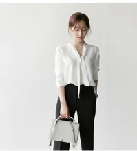 Spring 2017 Fashion Temperament Chiffon V-neck Bowknot Joker Ms White Long-sleeved Shirt