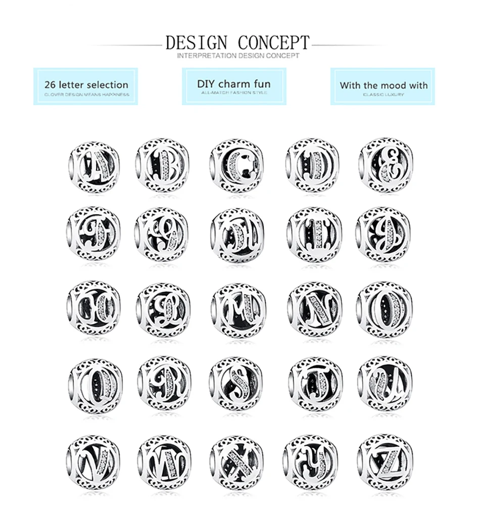 Стерлингового Серебра 925 Кристалл Алфавит AZ Письмо Подвески Бисер Fit Первоначальный Pandora Браслет Ожерелье DIY Pandora Изготовления Ювелирных Изделий