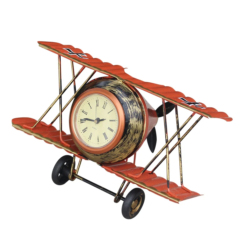 Retro Biplane Model Electronic Clock Old Iron Home Decoration Button Battery Clock Mini Airplane