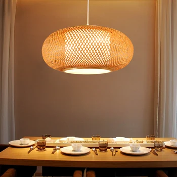 

Round Hand Knitted Bamboo Rattan Pendant Light Cord Fixture Rustic Asian Japanese Style Tatami Lamp Luminaria Dining Table Room