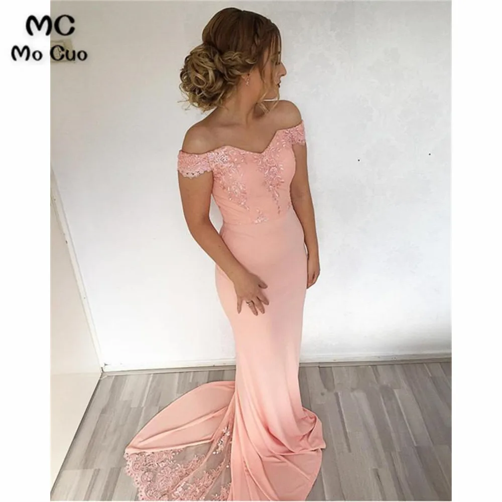 Mermaid Sweep Train Off Shoulder Prom Dresses Lace Appliques (3)