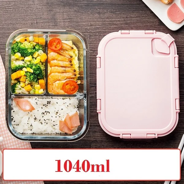 Корейский стиль Ланч-бокс стеклянный микроволновый Bento box Коробка для хранения еды школьные контейнеры для еды с отделениями герметичная коробка для обеда - Цвет: Three Compartments